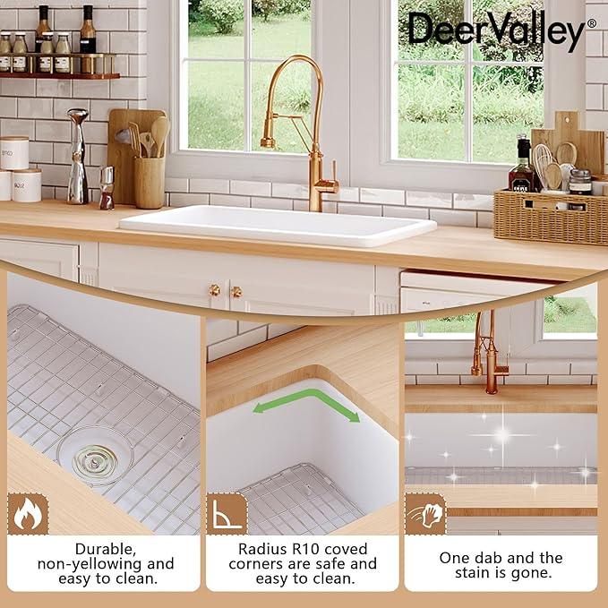 DeerValley Undermount Kitchen Sink 32 inch, White Fireclay Farmhouse Sinks, Single Bowl Deep Drop-in Kitchen Sink with Bottom Grid & Strainer, Heavy Duty Solid Fireclay