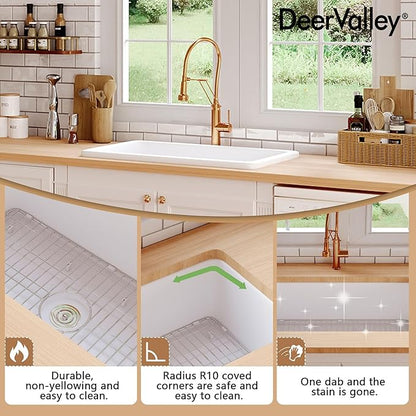 DeerValley Undermount Kitchen Sink 32 inch, White Fireclay Farmhouse Sinks, Single Bowl Deep Drop-in Kitchen Sink with Bottom Grid & Strainer, Heavy Duty Solid Fireclay