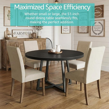 NUTIKAS 42 Inch Round Dining Table for 4, Modern Black Wood Grain Kitchen Table with Cross Metal Legs, Circular Industrial Dinner Table for Small Spaces, Breakfast Nook, Apartment, Office