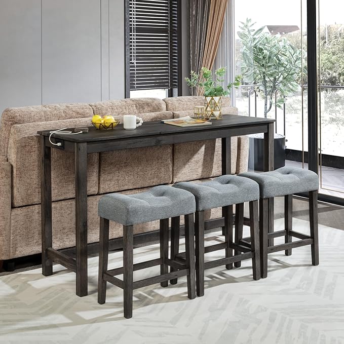 4-Piece Wooden Counter Height Dining Set w/ 3 Padded Stools, 59" Farmhouse Bar Table Set with Charging Station (USB & Power Outlet), Kitchen Island Table Barstools for Small Space, Grey