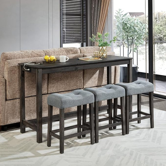 4-Piece Wooden Counter Height Dining Set w/ 3 Padded Stools, 59" Farmhouse Bar Table Set with Charging Station (USB & Power Outlet), Kitchen Island Table Barstools for Small Space, Grey