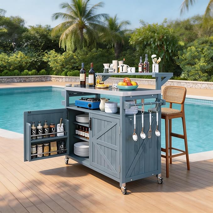 Casaphoria 53.3" Outdoor Kitchen BBQ Grill Cart, 100% Fir Wood Bar Cart Pizza Oven Table with Stainless Steel Countertop, Raised Worktop, Hooks, Adjustable Shelves Outdoor Kitchen Island,Blue