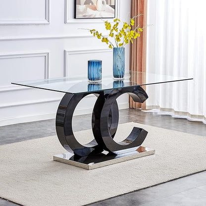 Ebullient 63" Glass Dining Table, Black OC Design Base Rectangular Glass Kitchen Table, Glass Top Dining Table for 4-6 Persons Table Furniture for Dining Room/Kitchen