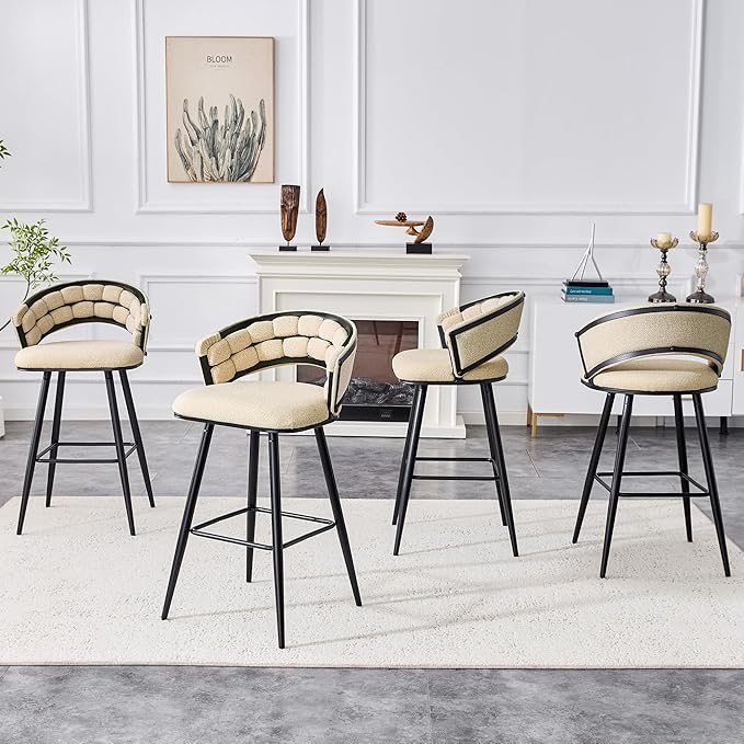 Set of 2 Beige Velvet Bar Stools with Black Iron Legs, Kitchen Island Counter Height Stools