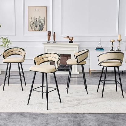 Set of 2 Beige Velvet Bar Stools with Black Iron Legs, Kitchen Island Counter Height Stools