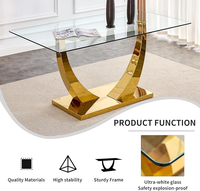 63" Gold Dining Room Table, Glass Dining Table for 4-6 with Rectangular Tempered Glass Tabletop, Modern Kitchen Table with Glossy U Shape Stainless Steel Base for Kitchen Dining Room