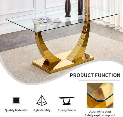 63" Gold Dining Room Table, Glass Dining Table for 4-6 with Rectangular Tempered Glass Tabletop, Modern Kitchen Table with Glossy U Shape Stainless Steel Base for Kitchen Dining Room