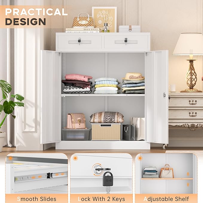 INTERGREAT Metal Garage Storage Cabinet, 36" Locking Counter Cabinet with 2 Locking Doors and 2 Adjustable Shelves, Small Steel Cabinet for for Home Office, Gym, School(White)