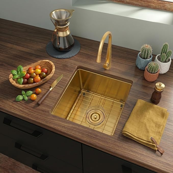 Kitsitchen Gold Bar Sink Undermount, 16 Guage Stainless Steel Workstation Sinks with Accessories, 15 Inch Small Kitchen Sink for RV, Outdoor, Wetbar, Pre-Bar