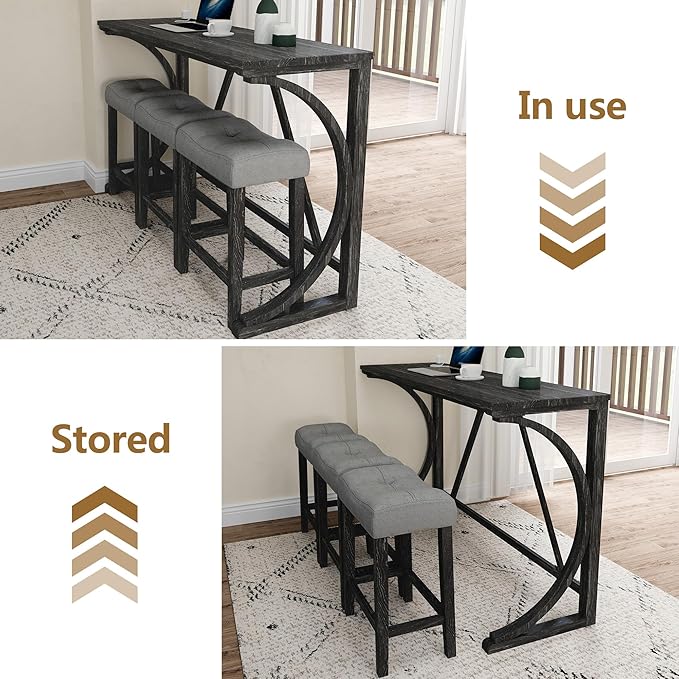 Betoko Counter Height Table and Chairs Set of 4, Breakfast Nook Bar Table with Outlet and Stools, Grey Black