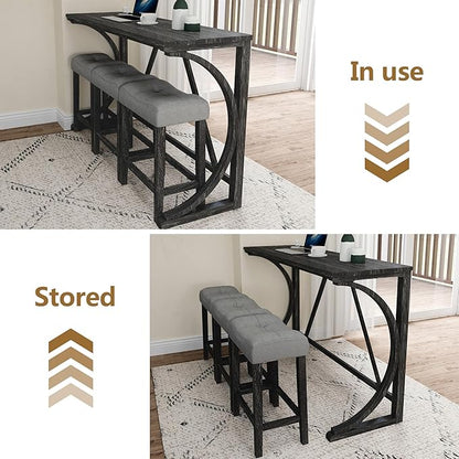 Betoko Counter Height Table and Chairs Set of 4, Breakfast Nook Bar Table with Outlet and Stools, Grey Black