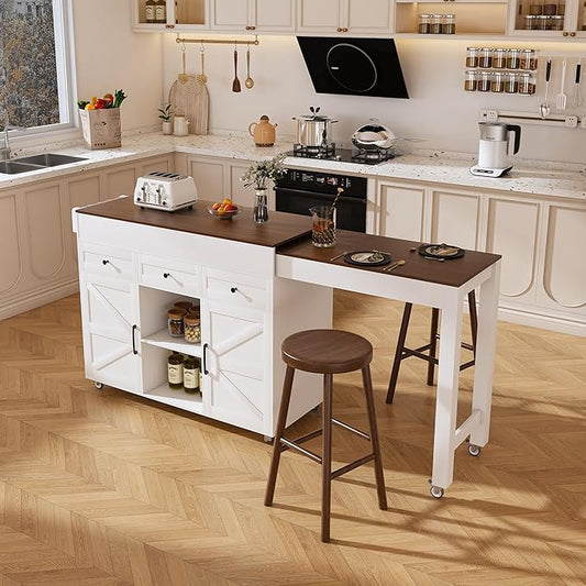 KEIKI 74.8" Kitchen Island with Extendable Dining Table, Rolling Cart with Power Outlet, 3 Drawers & Storage Cabinet on Wheels for Kitchen, Dining Room, White