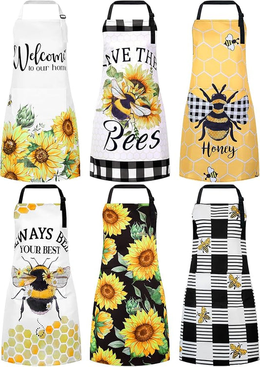 Bencailor 6 Pcs Spring Kitchen Aprons with Pockets Flower Rooster Bee Butterfly Sunflower Summer Aprons Bulk for Women(Yellow, Black, White,Sunflower Bee)