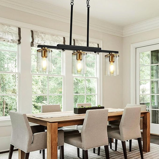 3-Light Kitchen Island Lighting,Dining Room Lights Modern Farmhouse Chandelier with Clear Glass Shade,Modern Rustic Black and Gold Metal Chandelier, Kitchen Pendant Light Fixtures Over Table