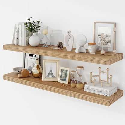 Acovy 40 Inch Floating Shelves, 9.3" Deep Floating Shelf Wall Mounted, 40" Wall Shelves, Rustic Deep Bookshelf, Large Display Shelves & Storage Shelves for Bedroom, Living Room, Light Brown, Set of 2