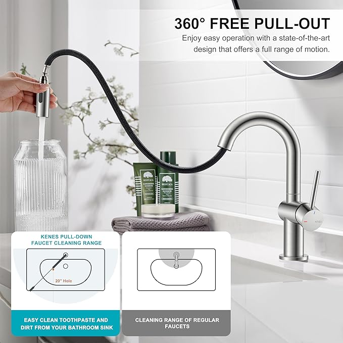 KENES Brushed Nickel Bathroom Faucet with Pull Down Sprayer, Single Handle Bathroom Sink Faucet with Pull Out Sprayer, Vanity Faucet with Pop Up Drain & Deck Plate, KE-9065B