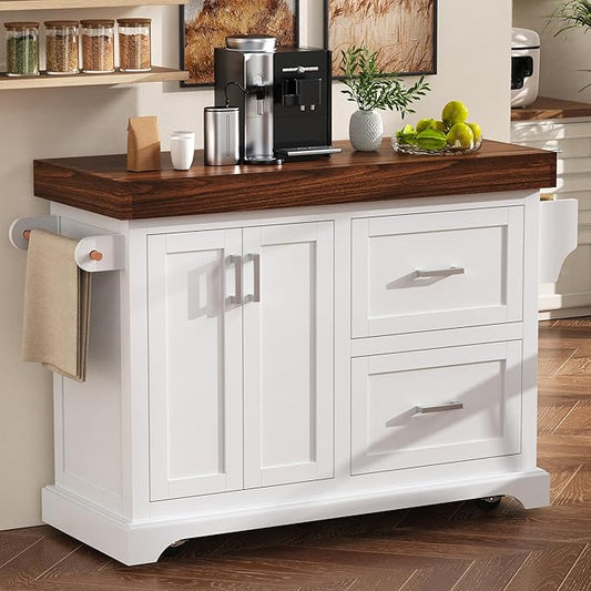 53.25" Large Kitchen Island with Storage on Wheels and 2 Extra-large Drawers, Rolling kitchen Island with Spice Rack and Towel Rack, Mobile Dining Table with 3.5" Thick Desktop and Cabinet White