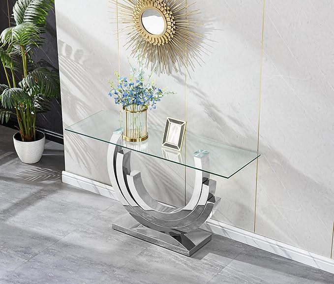 HomVent 55.12" Glass Console Table, Living Room Entry Tables, Modern Narrow Silver Tempered Glass Top Side Tables Bedroom, Rectangle Bedside Eating Tables for Home Office with Stainless Steel Base