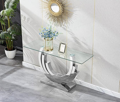 HomVent 55.12" Glass Console Table, Living Room Entry Tables, Modern Narrow Silver Tempered Glass Top Side Tables Bedroom, Rectangle Bedside Eating Tables for Home Office with Stainless Steel Base
