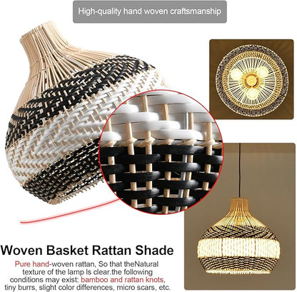 3-Light Rattan Pendant Light,1-Pack Hand-Woven Black White Faux Rattan Hanging Light 15" Boho Basket Wicker Chandelier for Living Room Bedroom Kitchen Dining Hallway