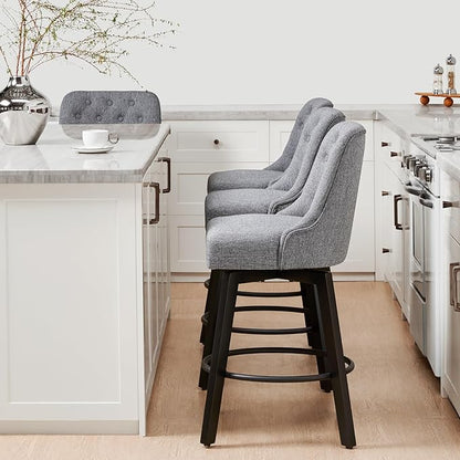 KISLOT Swivel Counter Height Bar Stools Set of 4, 26" Upholstered Fabric Barstools with Back, Thick Seat and Square Solid Wood Legs for Kitchen Island Home Bar, Grey