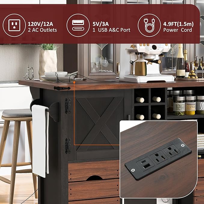 54" Farmhouse Kitchen Island Table with Drop Leaf, Power Outlet, Kitchen Storage Cart with 2 Doors, 2 Drawers, Rolling Kitchen Island on 4 Large Wheels with Spice Rack for Kitchen, Dining Room, Black