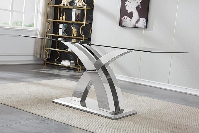 Luxury Silver Glass Dining Table for 6-8 Modern 70" Rectangular Kitchen Table with Stainless Steel Base Large Clear Glass Top Dining Room Tables for Home Office