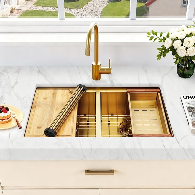 LQS Brushed Gold Kitchen Sink 32 Inch, 16 Guage Stainless Steel Undermount Gold Double Kitchen Sink with Smart Workstation, Luxury Golden Accessories for Modern Kitchen Style