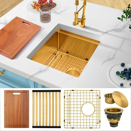Gold Bar Sink Undermount,Small Bar & Prep Sinks,16 gauge Stainless Steel Bar Sink with Workstation for Wet Bar Area,Special Offset Drain Design (16" X 18")