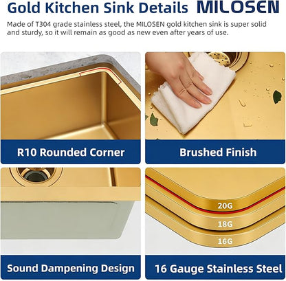 MILOSEN Gold RV Kitchen Sink, 25×15 inch 16 Gauge T304 Stainless Steel Undermount RV Sink with Basket Strainer, Gold Outdoor Camper Sinks, 7'' Depth Deep Single Bowl Laundry Basin