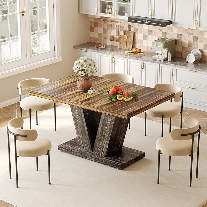 LITTLE TREE 47 Inches Dining Table for 4, Modern Dining Room Tables, Rectangle Kitchen Table with V-Shaped Pedestal, Wooden Dinner Table for Dining Room, Living Room (Rustic Brown & Carbon Black)