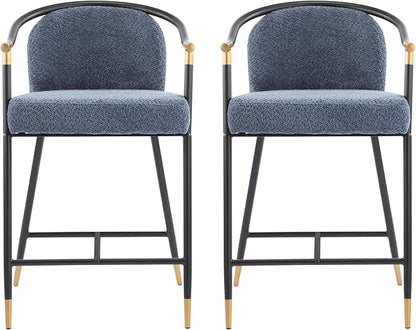 Set of 2 Upholstered Counter Stools - 26" Seat Height Navy Blue Boucle Stools with Sturdy Iron Frame, Gold Trim+Black Base, Contemporary Design for Kitchen Island/Home Bar/Dining Area