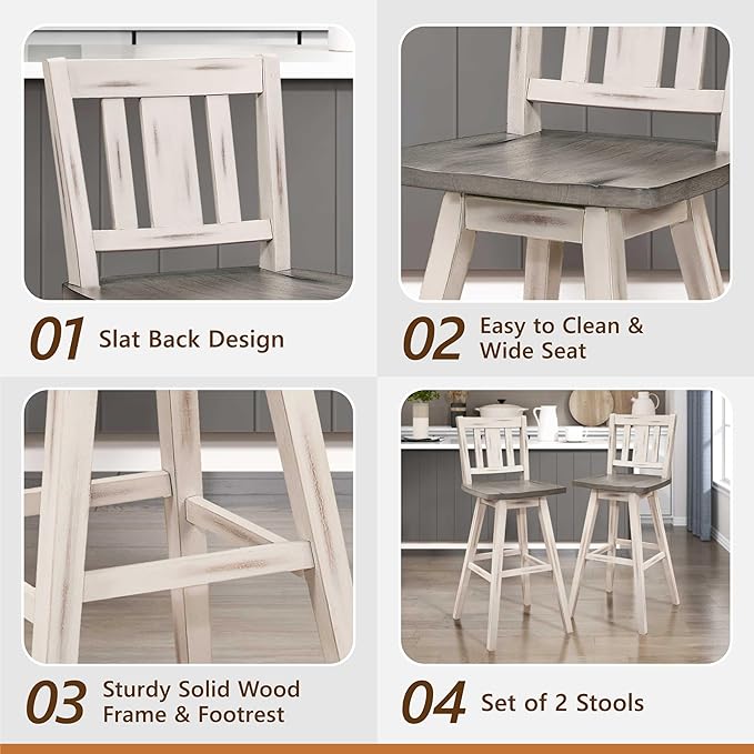 Lexicon Bar Height Bar Stools Set of 2-Solid Wood Frame 360° Swivel Wooden Stools, Foot Rest, Slat Back, Wide Seat, Distressed Farmhouse Easy to Clean Finish, 28.5" SH, Antique White/Grey