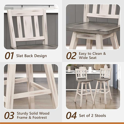 Lexicon Bar Height Bar Stools Set of 2-Solid Wood Frame 360° Swivel Wooden Stools, Foot Rest, Slat Back, Wide Seat, Distressed Farmhouse Easy to Clean Finish, 28.5" SH, Antique White/Grey