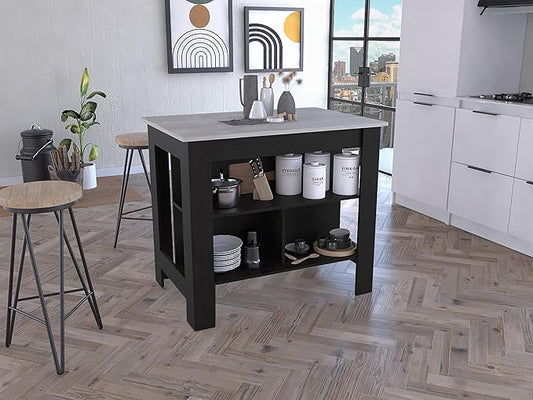 40" Extra Countertop Extendable Dining Table, Work Island with Functional Storage, Kitchen Island Table with Comfortable Prep Space for Kitchen Meal Prep and Storage, Black + Marble