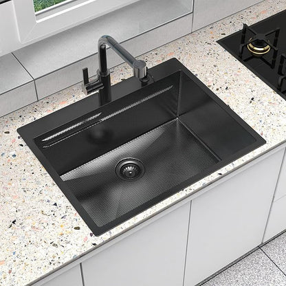 28inch Black Kitchen Sink Drop In - Feibus 28x22x10 with Double Step Workstation Sink 16 Gauge Honeycomb Embossment Stainless Steel Single Bowl