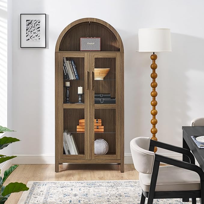 Ball & Cast 67" Tall Arched Kitchen Pantry Cabinet with Lamp, Modern Wooden Storage Cabinet with Glass Doors & Adjustable Shelves,Versatile Display Cabinet for Kitchen, Living Room,Dining Room,Brown