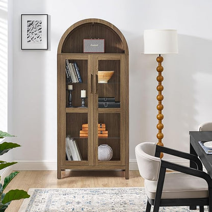 Ball & Cast 67" Tall Arched Kitchen Pantry Cabinet with Lamp, Modern Wooden Storage Cabinet with Glass Doors & Adjustable Shelves,Versatile Display Cabinet for Kitchen, Living Room,Dining Room,Brown