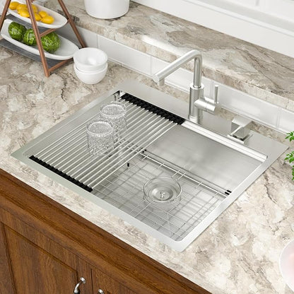 Mocoloo 25 Inch Kitchen Sink with Faucet, 16 Gauge Drop in Workstation Sink - 25x22x9" Stainless Steel Single Bowl Small Rv Kitchen Sink with Pull-Out Faucet