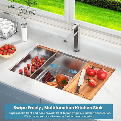 33 inch Undermount Kitchen Sink, Single Bowl 16-Gauge Stainless Steel Kitchen Sink, Brushed Nickel Nano Sink, Large Size Kitchen Sinks with Accessories (33 x 19 x 10 Inch)