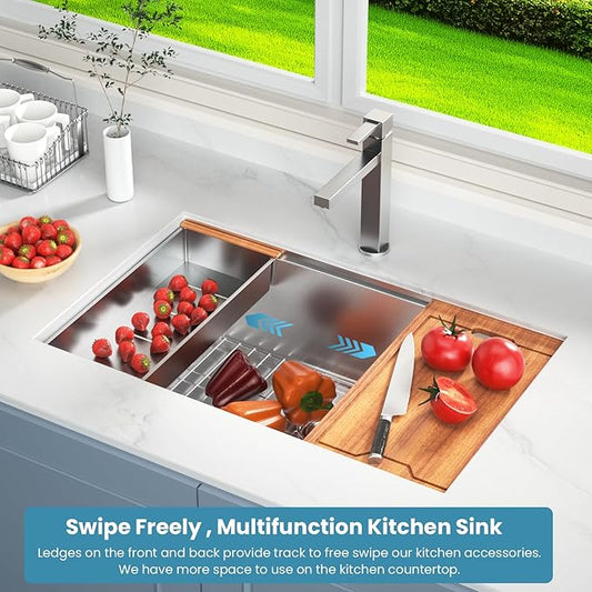 33 inch Undermount Kitchen Sink, Single Bowl 16-Gauge Stainless Steel Kitchen Sink, Brushed Nickel Nano Sink, Large Size Kitchen Sinks with Accessories (33 x 19 x 10 Inch)