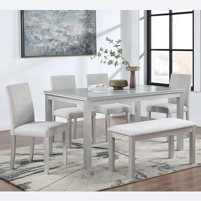 6 Piece Wooden Dining Table Set, Rectangular Dining Table with 4 Upholstered Chairs and 1 Bench, Elegant Dining Table Set with Crystal Decoration for Kitchen, Dining Room, Silver Grey