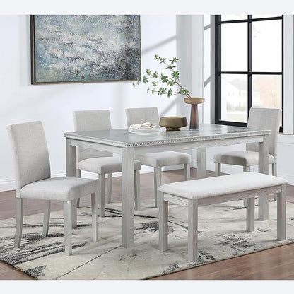 6 Piece Wooden Dining Table Set, Rectangular Dining Table with 4 Upholstered Chairs and 1 Bench, Elegant Dining Table Set with Crystal Decoration for Kitchen, Dining Room, Silver Grey