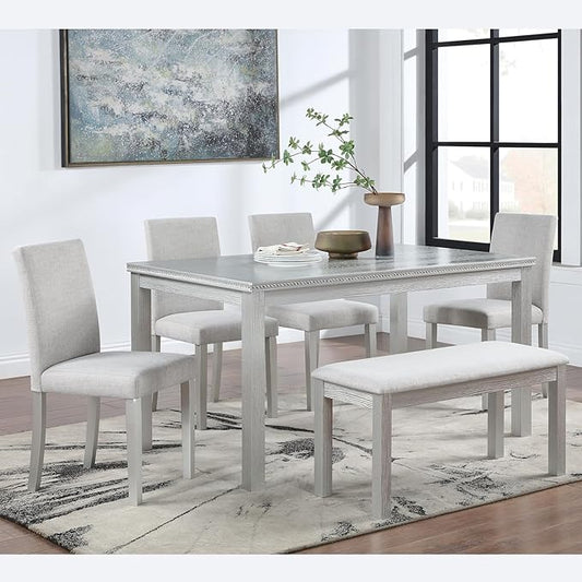 6 Piece Wooden Dining Table Set, Rectangular Dining Table with 4 Upholstered Chairs and 1 Bench, Elegant Dining Table Set with Crystal Decoration for Kitchen, Dining Room, Silver Grey