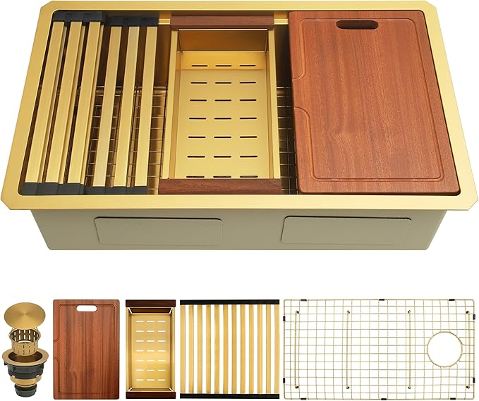 Gold Undermount Kitchen Sink 30 inch,Single Bowl Undermount Sink 16 gauge Stainless Steel,Workstation Kitchen Sinks with Gold Accessories (30" X 18")