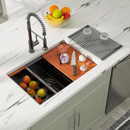 Dcolora 27" Gunmetal Black Stainless Steel Undermount Kitchen Sink Workstation - 16 Gauge Single Bowl Basin (27"x19"x10"), DC-U7707