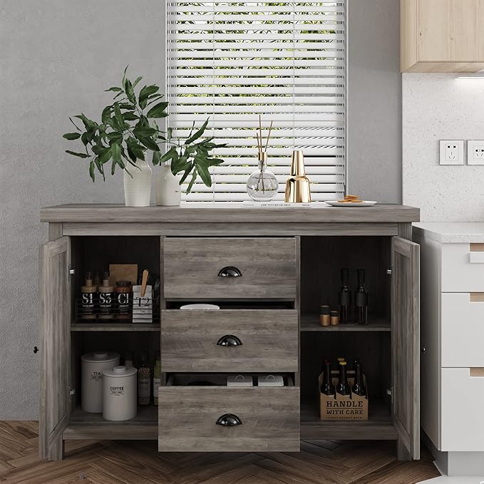 Kitchen Sideboard Cabinet Buffet with Heavy Duty Wooden Structure, 3 Drawers and 2 Doors with Ample Storage Space in Gray
