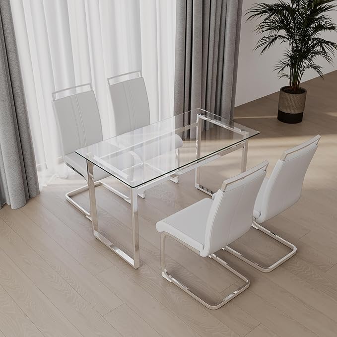 Goujxcy Glass Dining Table Modern 51'' Rectangle Kitchen Table for 4 with Tempered Glass Tabletop and Metal Legs for Kitchen, Dining Room, Restaurants (Silver)