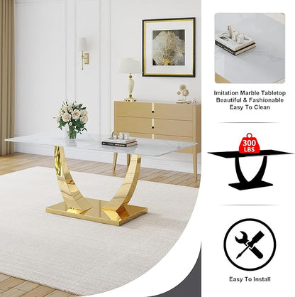 Faux Marble Dining Room Table, Modern Kitchen Table with Golden U-Shaped Base, 71" White Dining Table with Rectangular Glass Top for Dining Room and Kitchen