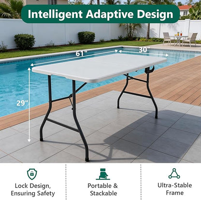 Folding Table 5FT Heavy Duty Plastic Table, Foldable&Portable, Fold-in-Half Utility Tables for Outdoor, Dining, Wedding, Events, Indoor, Picnic, Camping, Party,White